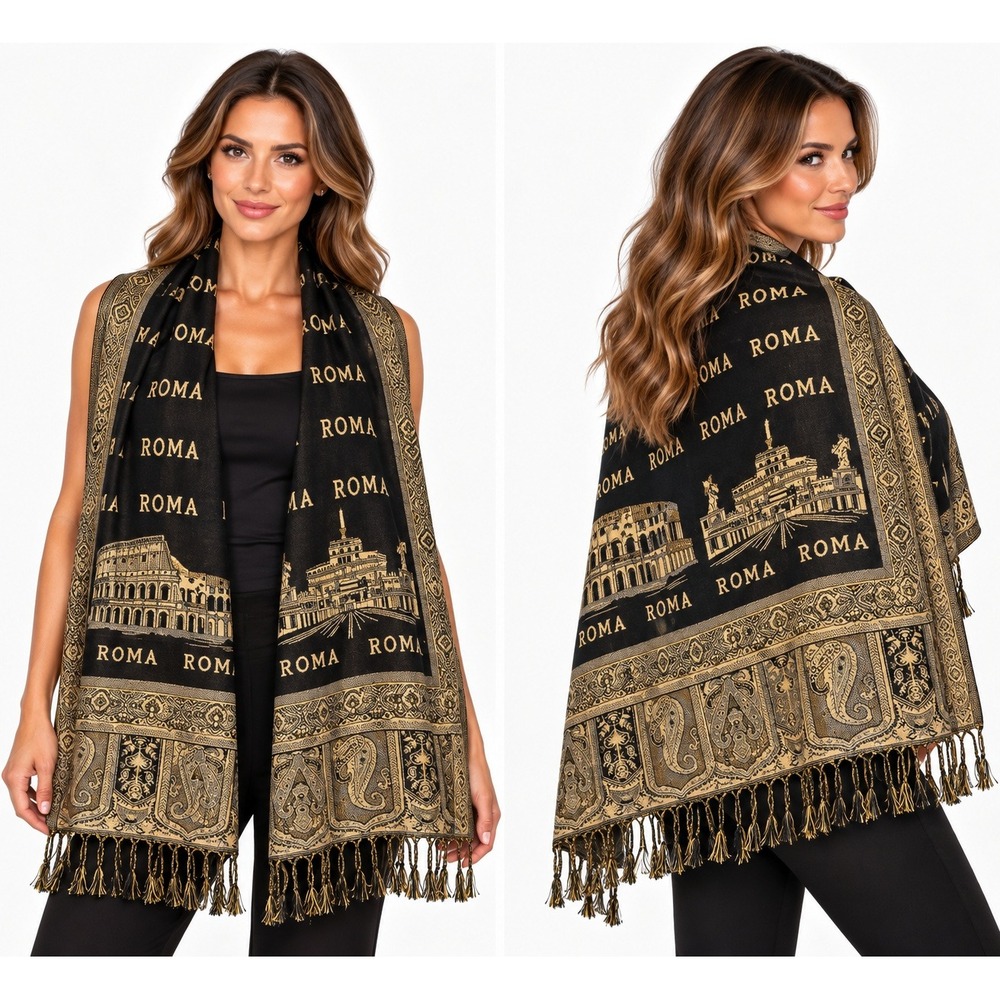 Roma Italy Souvenir Pashmina Scarf Black Gold Colosseum Paisley Wrap 70x27